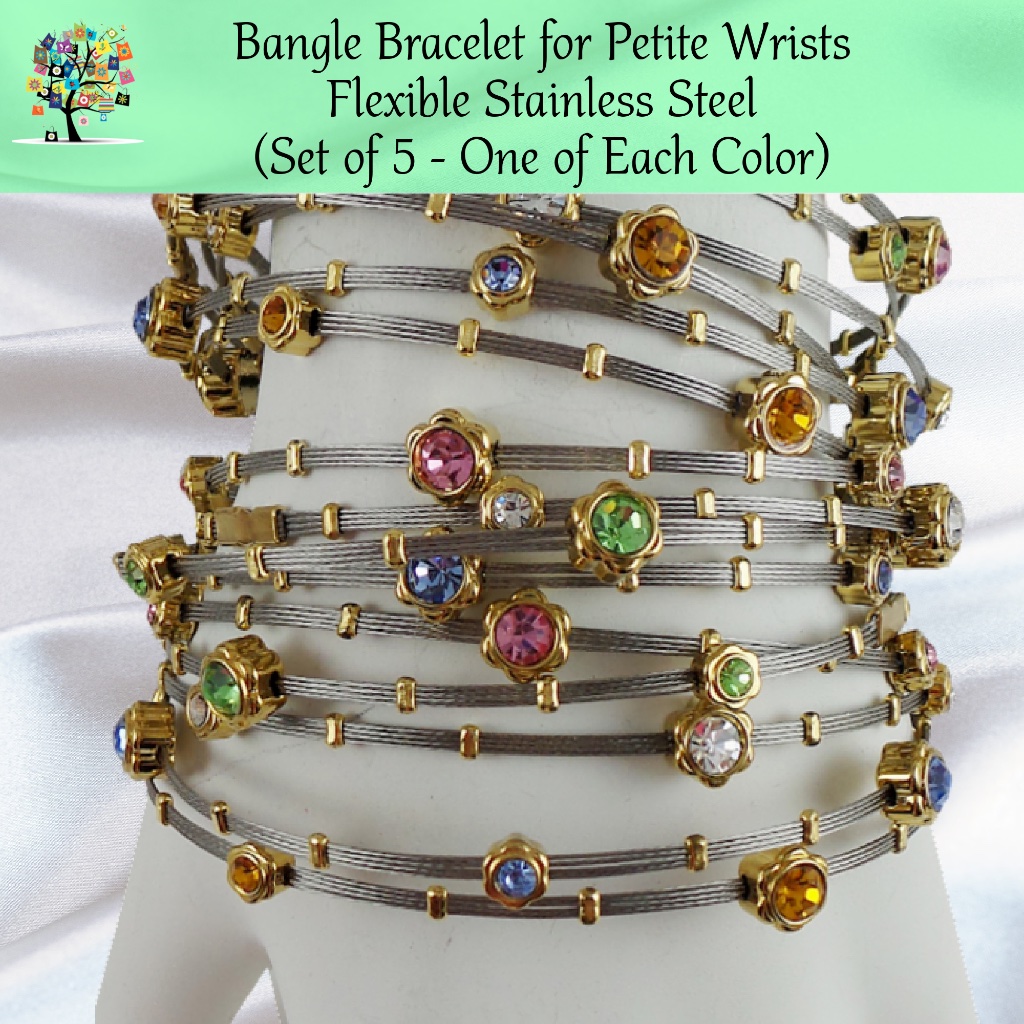 Bangle Bracelets For Petite Wrists Flexible Stainless Steel (Set Of 5 Colors)